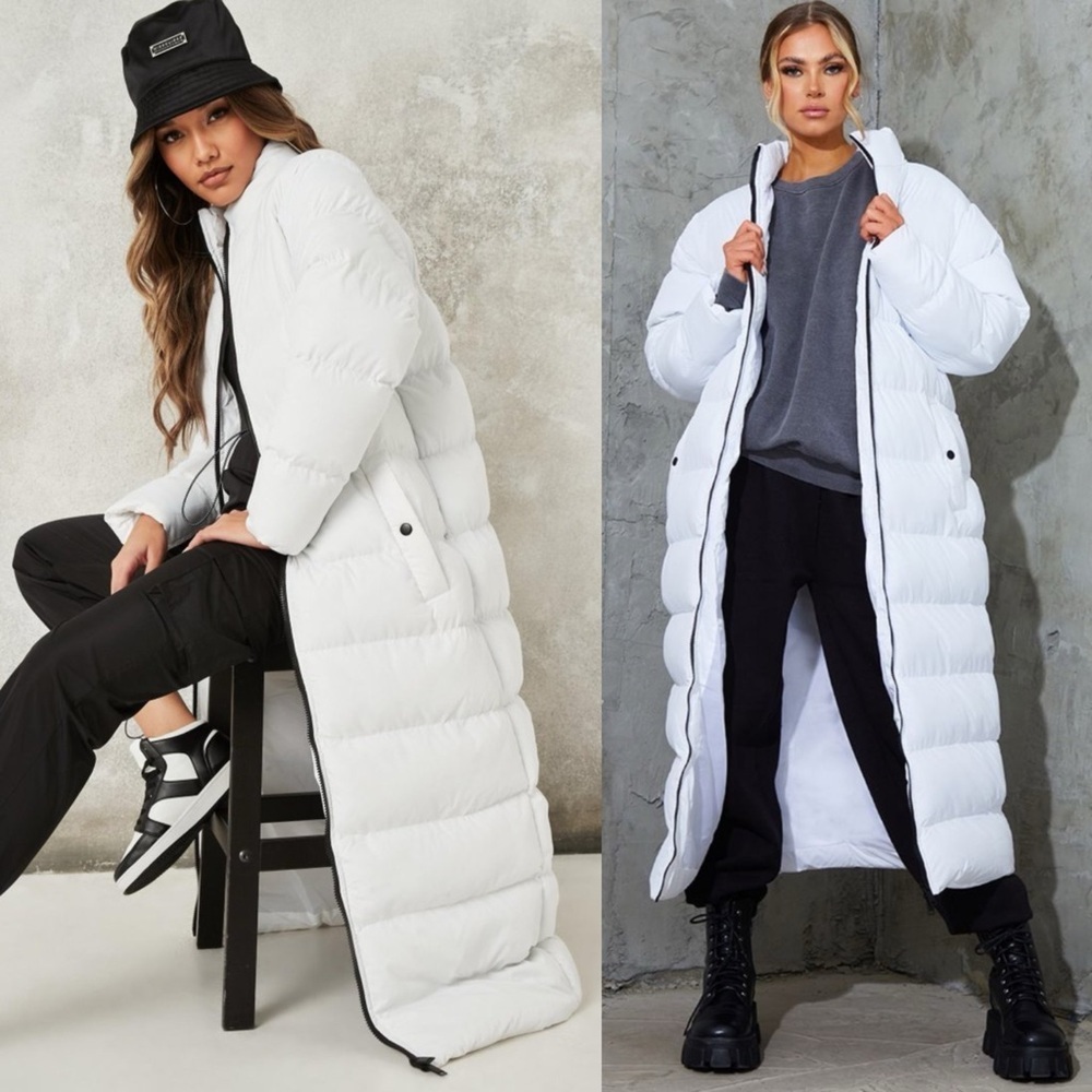 PRETTY LITTLE THING WHITE MAXI BUBBLE PUFFER ZIP DUSTER JACKET